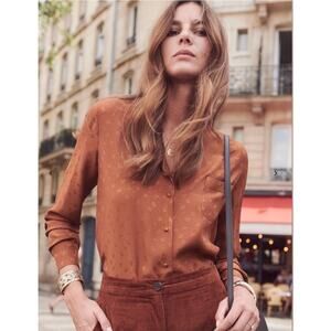 0163 Sezane Florence Floral Silk Blouse Brown US 2 FR 34